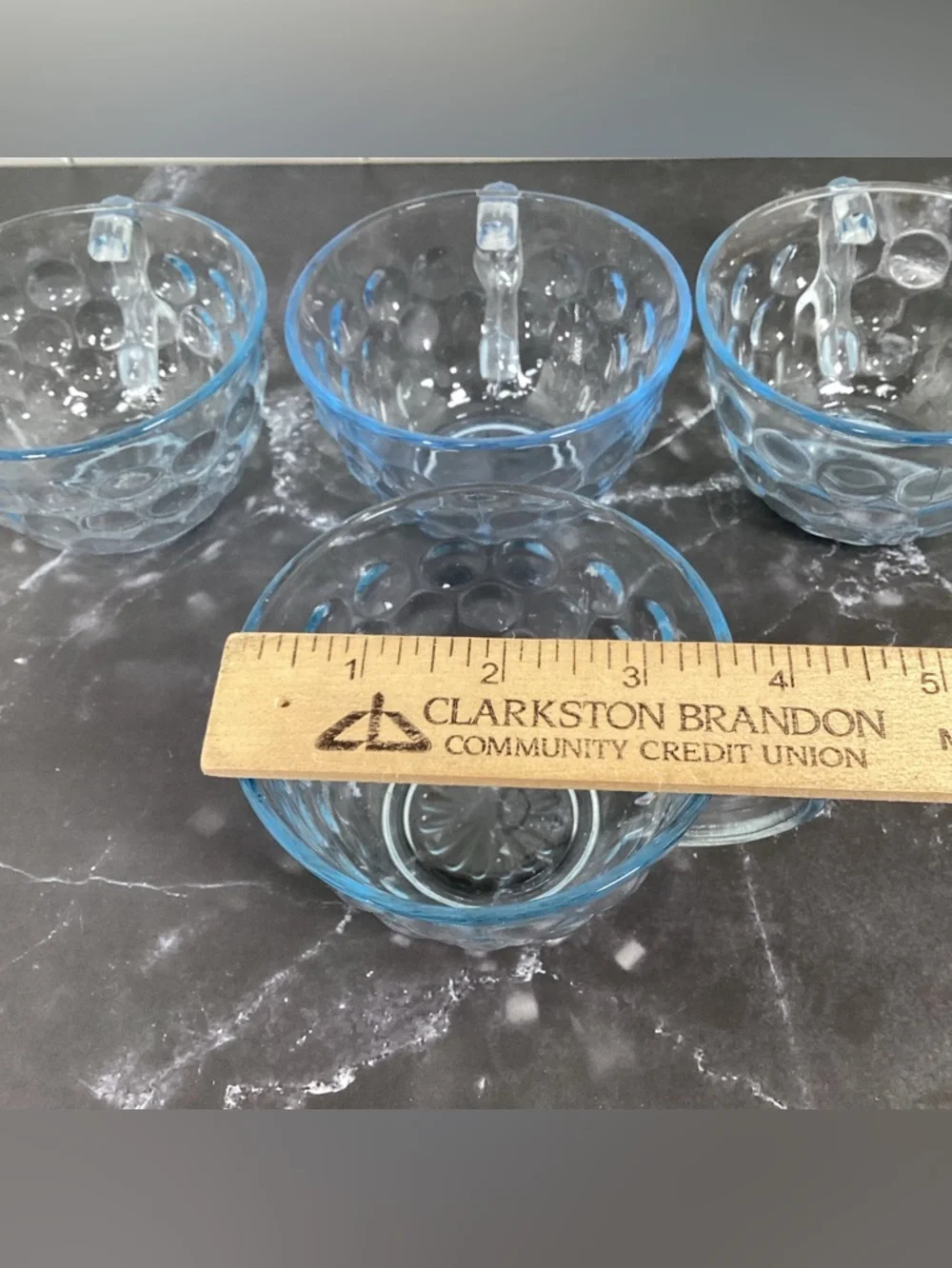 4 Vtg Anchor Hocking Blue Bubble Glass Teacups Or Punch Glasses Depression Glass